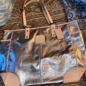 Coach Metallic Silver and Cream Tote Bag